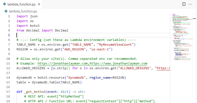 Lambda function written in Python that increments the visitor counter stored in DynamoDB.